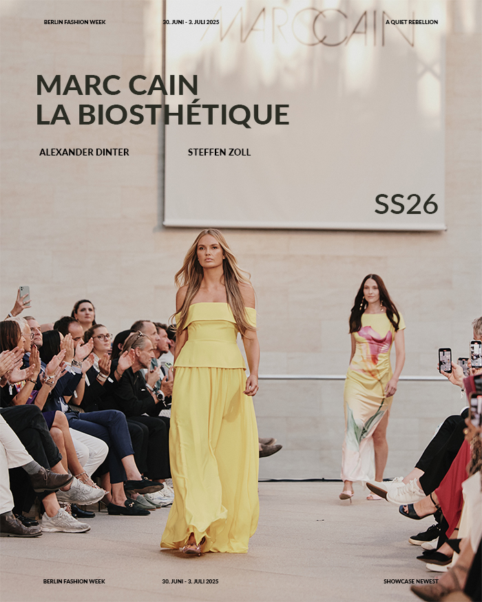 Marc Cain Fashion Show Berlin SS26 - Romee Strijd walking the Catwalk in a long yellow dress