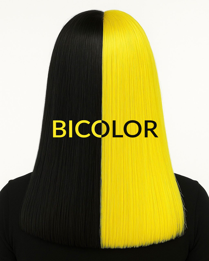 Bicolor Make Over - Frisur von hinten, die hälfte der langen Haare ist schwarz, die andere knallig gelb
