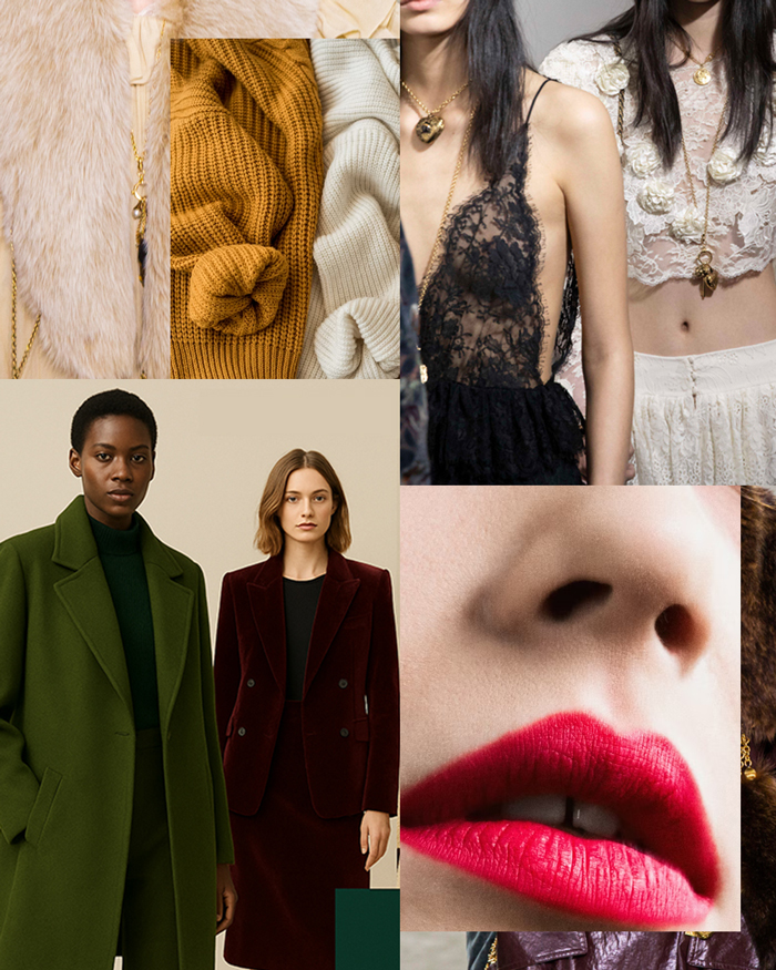 Modetrends Herbst Winter 2025 Collage von Farben, Materialien und Trends